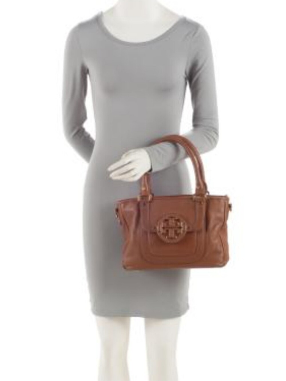 Tory Burch Amanda Brown Leather Satchel Handbag with Gold Logo Accent